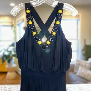 Nine West Black Pleated Cross Back Dress w/ Stones & Beads Neckline 4